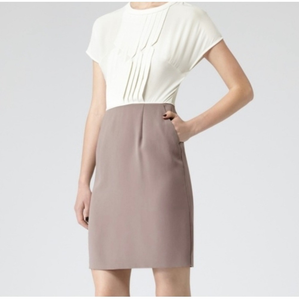 REISS‎ Valentin US 4 Beige Taupe Sheath Dress Pleated Career Party Cocktail